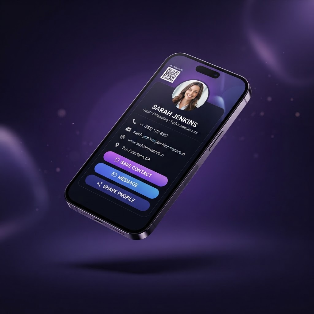 A smartphone showing a VRsion digital business card with a QR code